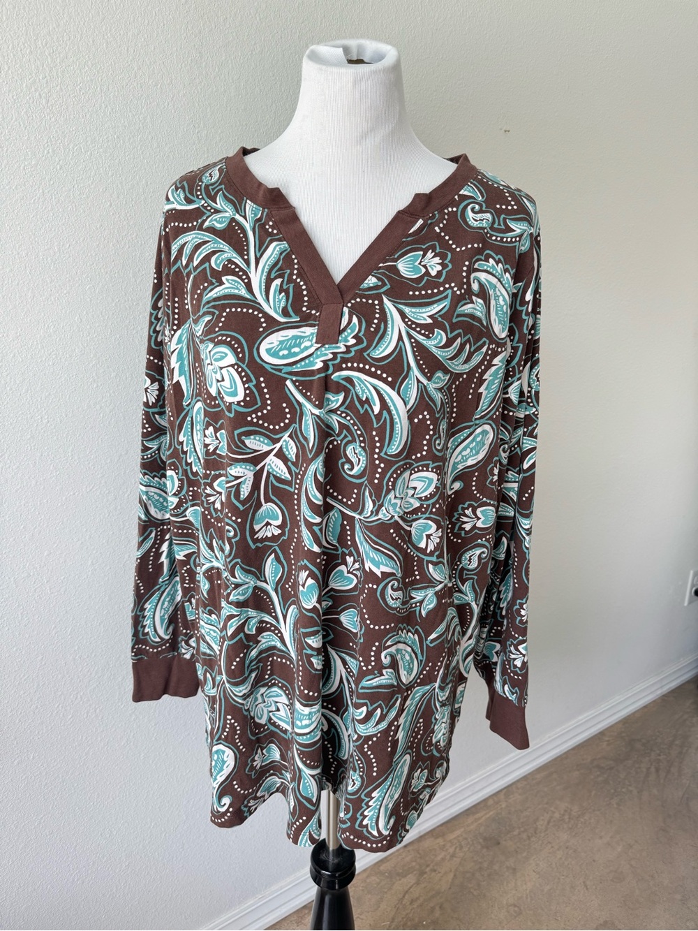 Belle Kim Gravel Brown Paisley Tunic Top with Teal White Accents